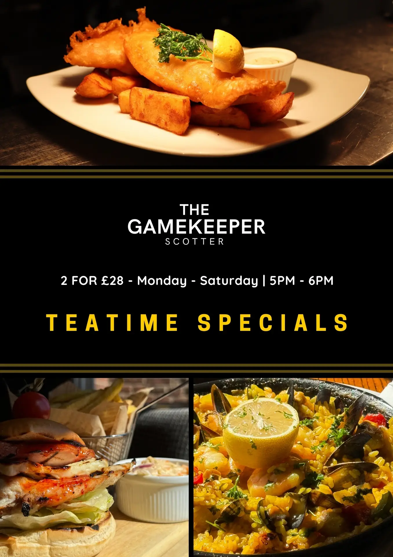 Teatime Specials — 2 for £28, Monday to Saturday 5pm–6pm
