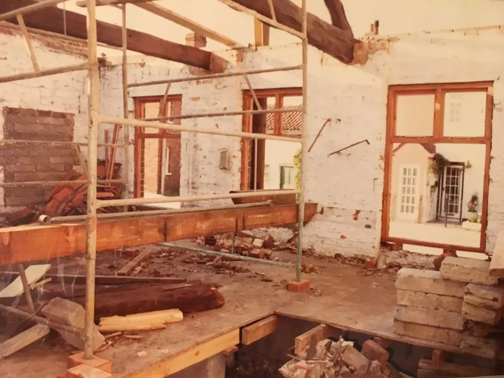 Scaffolding inside the shell of the building